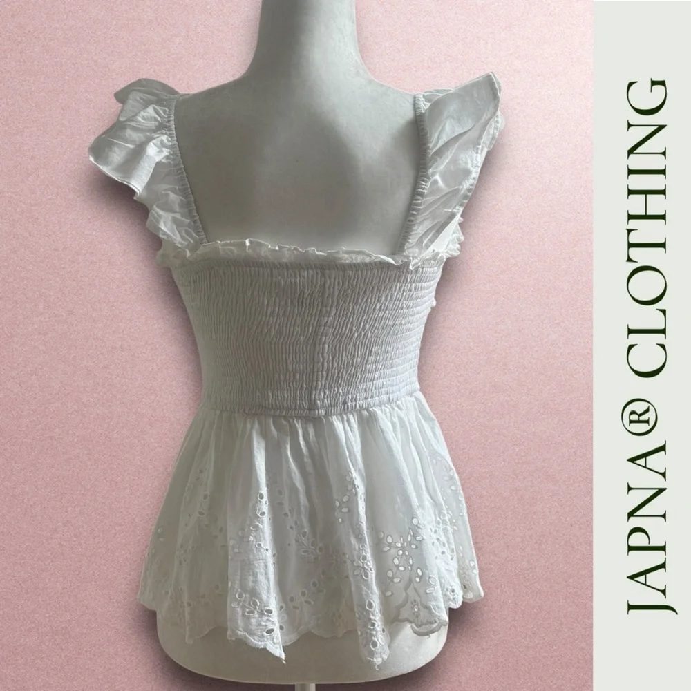 NWOT Japna White Eyelet Smocked Ruffle Strap Top, Size S, MSRP $35 - Picture 3 of 5